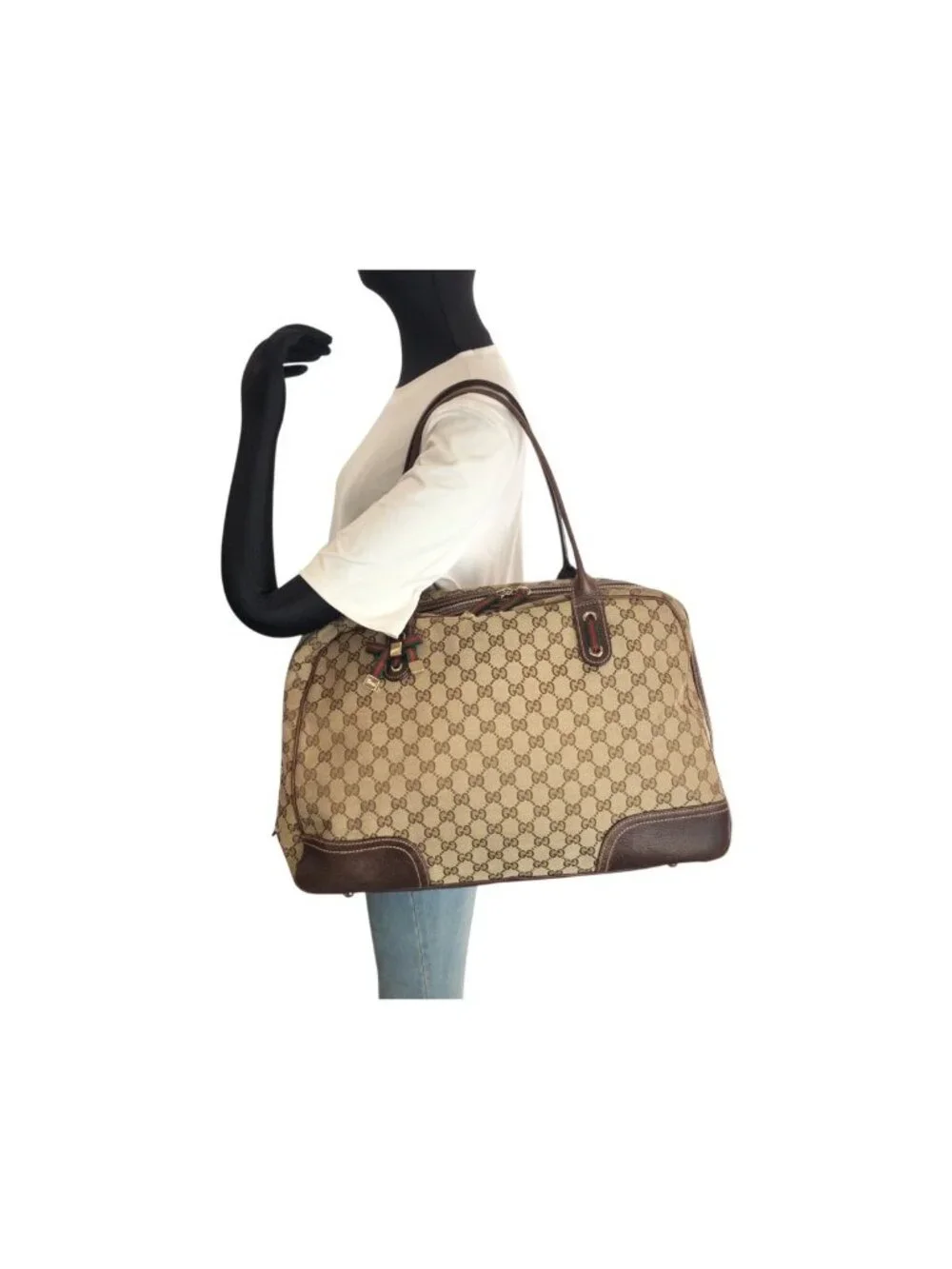 Gucci Sherry Line Principe Beige Brown GG Canvas Leather Tote Shoulder